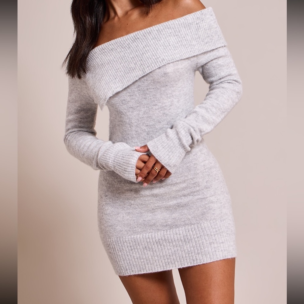 Off-Shoulder Gray Sweater Dress